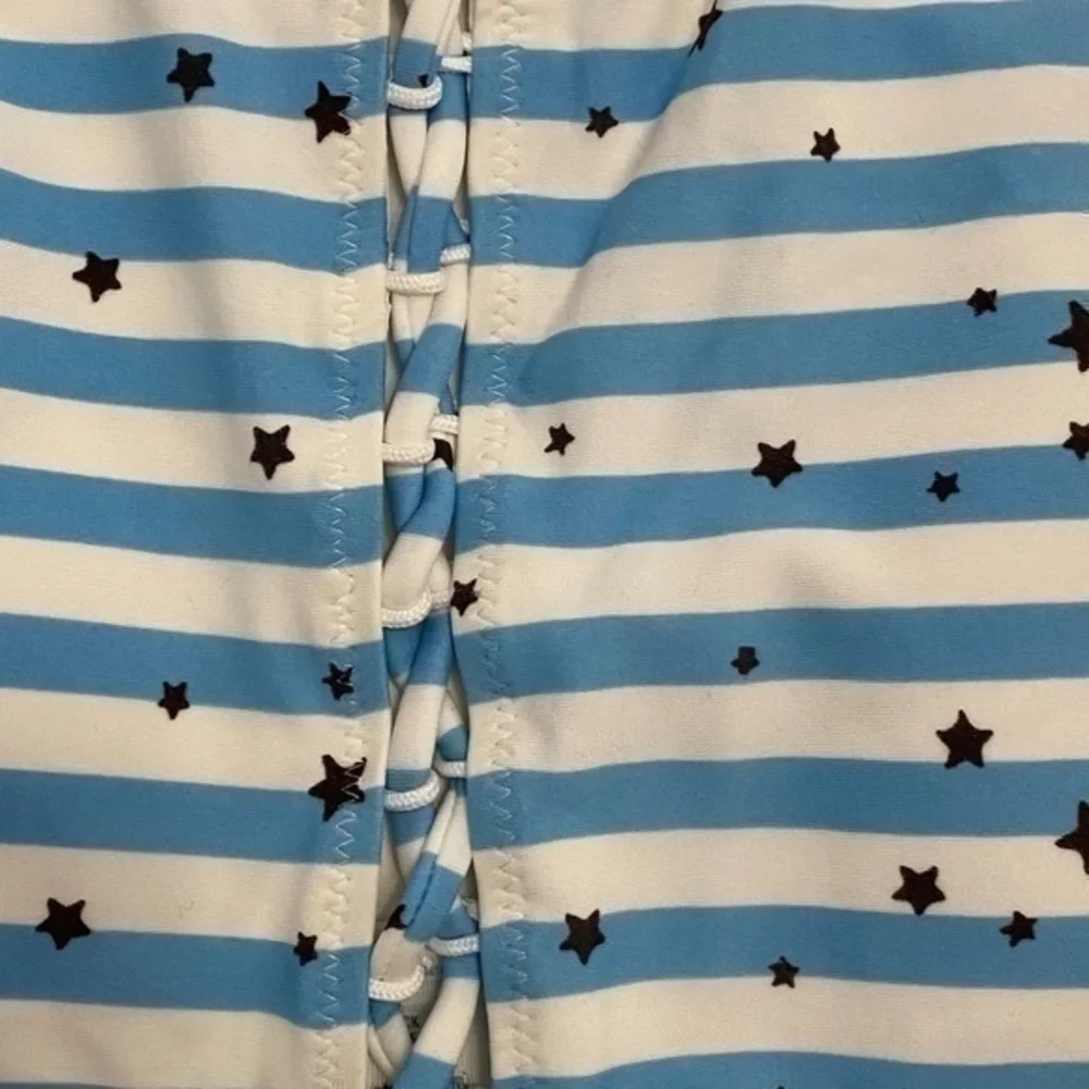 Aerie Blue & White Striped Star Halter Bikini Sz Med NWOT